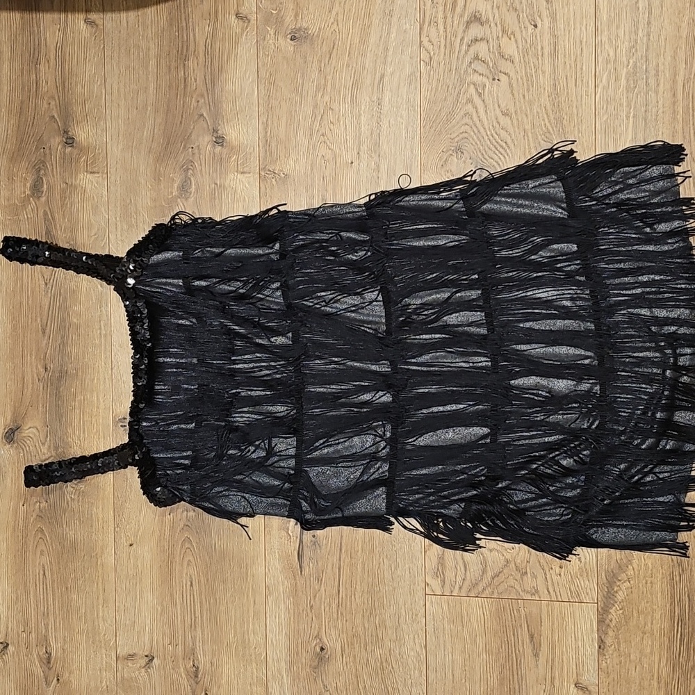 Flapper 20s Gatsby Dress Black Sequins And Fringe Size 2-4 Adult EUC